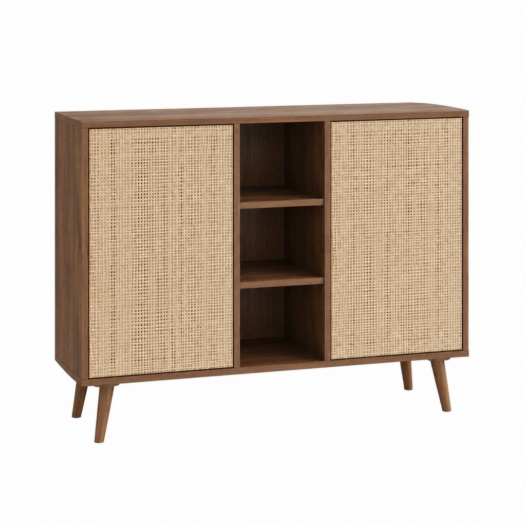 Sideboard mit 2 Türen in Walnussbraun und Natur Rattangeflecht rechteckig 120 x 40 x 100 cm
