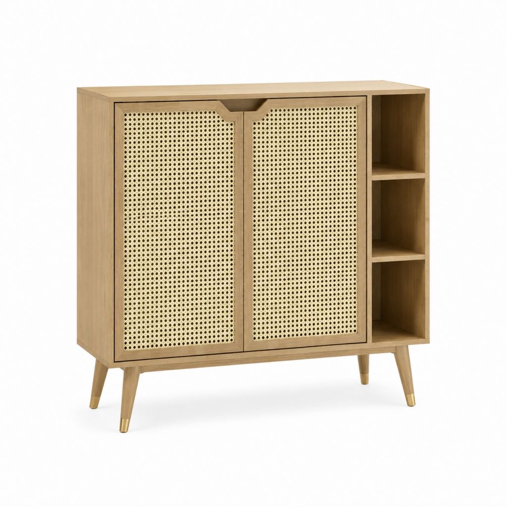 Sideboard mit 2 Rattantüren und 3 offenen Fächern Eichenholzoptik 100 x 40 x 110 cm