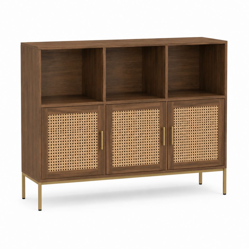 Sideboard Nussbaumfurnier mit Rattangeflecht rechteckig 120 x 40 x 100 cm