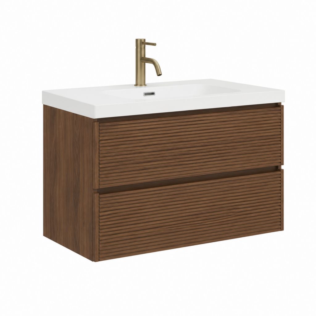 Waschtischunterschrank Set Walnussbraun MDF mit Keramikwaschbecken rechteckig 80 x 46 x 56 cm