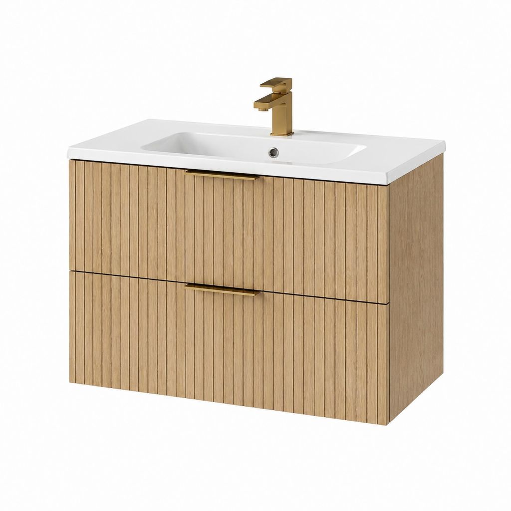 Waschtischunterschrank Set Eiche hell MDF mit Keramikwaschbecken 80 x 46 x 55 cm