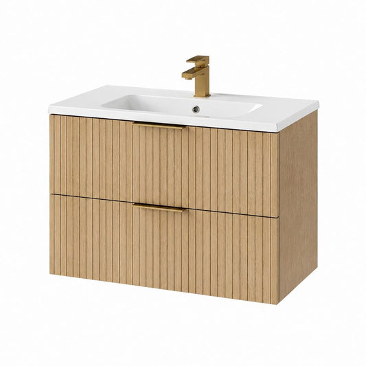 Waschtischunterschrank Set Eiche hell MDF mit Keramikwaschbecken 80 x 46 x 55 cm