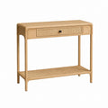 Konsolentisch aus Eiche Massivholz Natur mit Rattan Schublade 80 x 35 x 80 cm