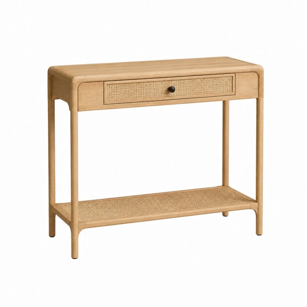 Konsolentisch aus Eiche Massivholz Natur mit Rattan Schublade 80 x 35 x 80 cm