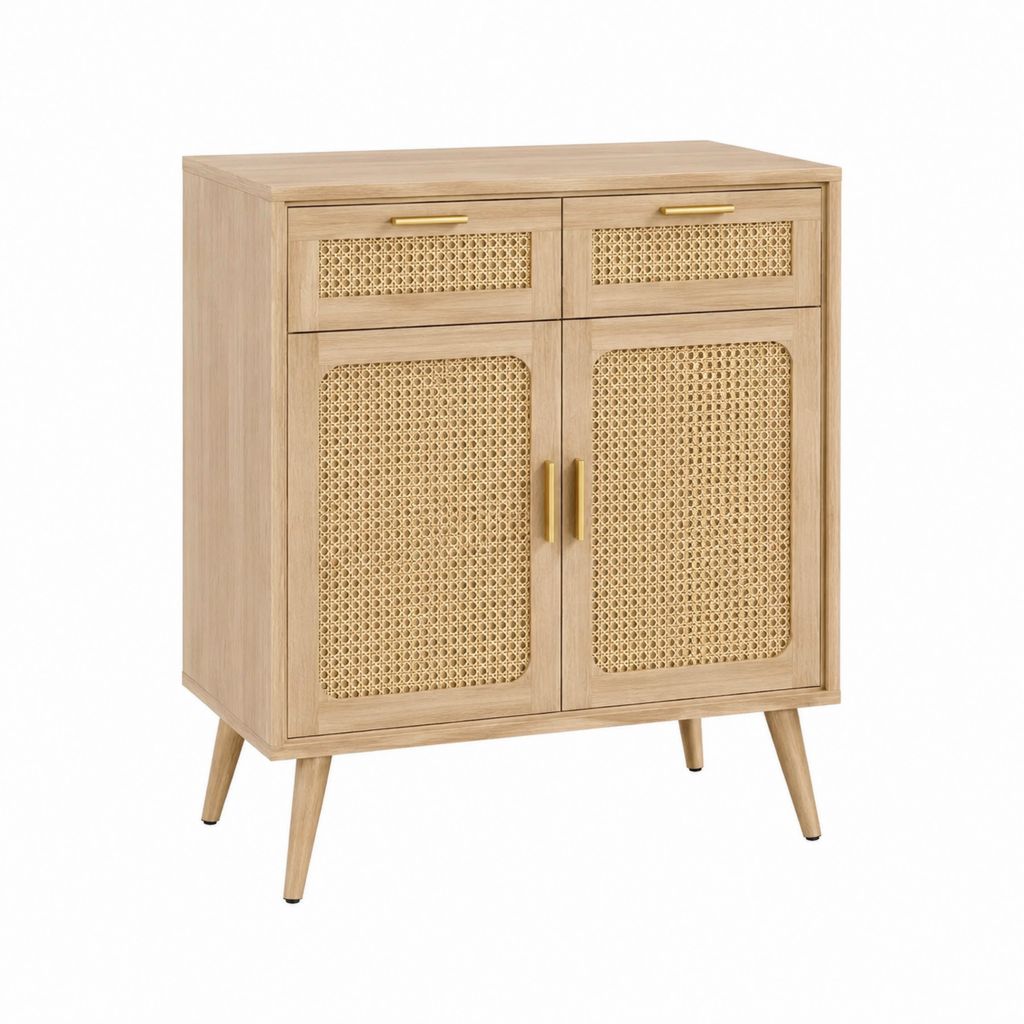 Sideboard Eiche Natur MDF mit Rattan 80 x 40 x 90 cm