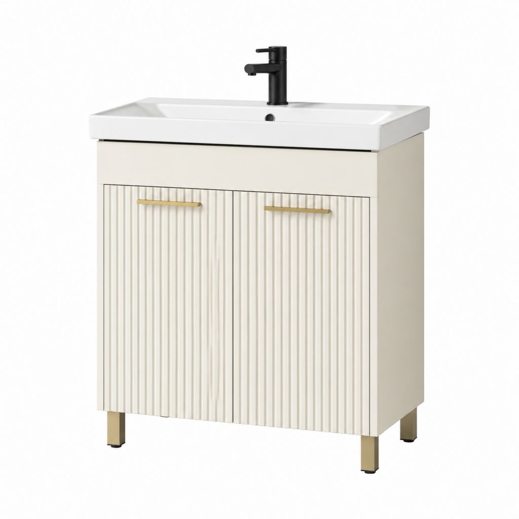 Waschtischunterschrank Set Cremeweiß MDF mit Keramikwaschbecken rechteckig 60 x 46 x 85 cm