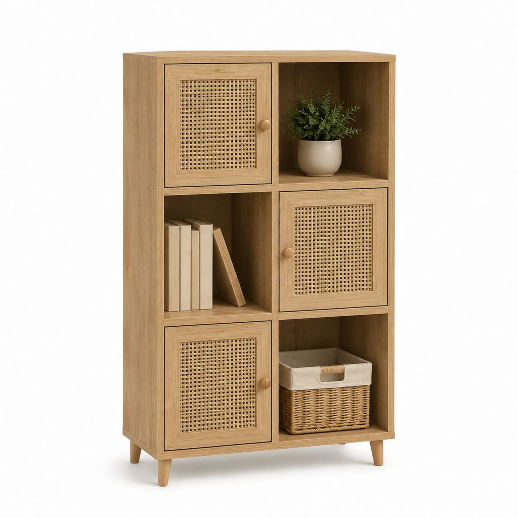 Bücherregal Standregal Natur MDF Rattan rechteckig 80 x 30 x 140 cm